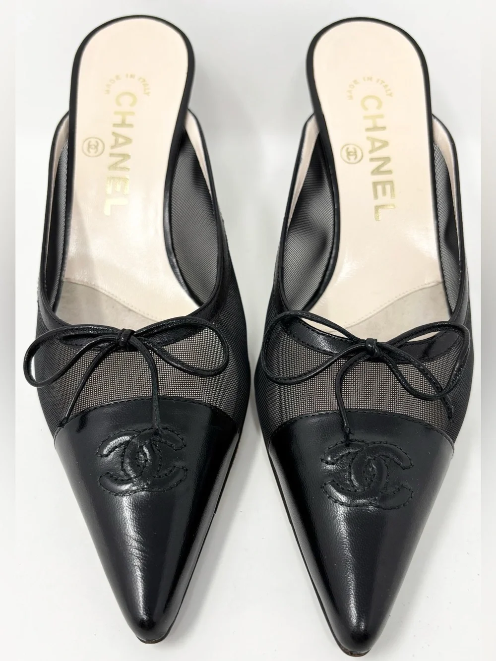 Chanel Black Mesh CC Bow Mules Heels Size 37 US 7 Vintage Y2K 90s